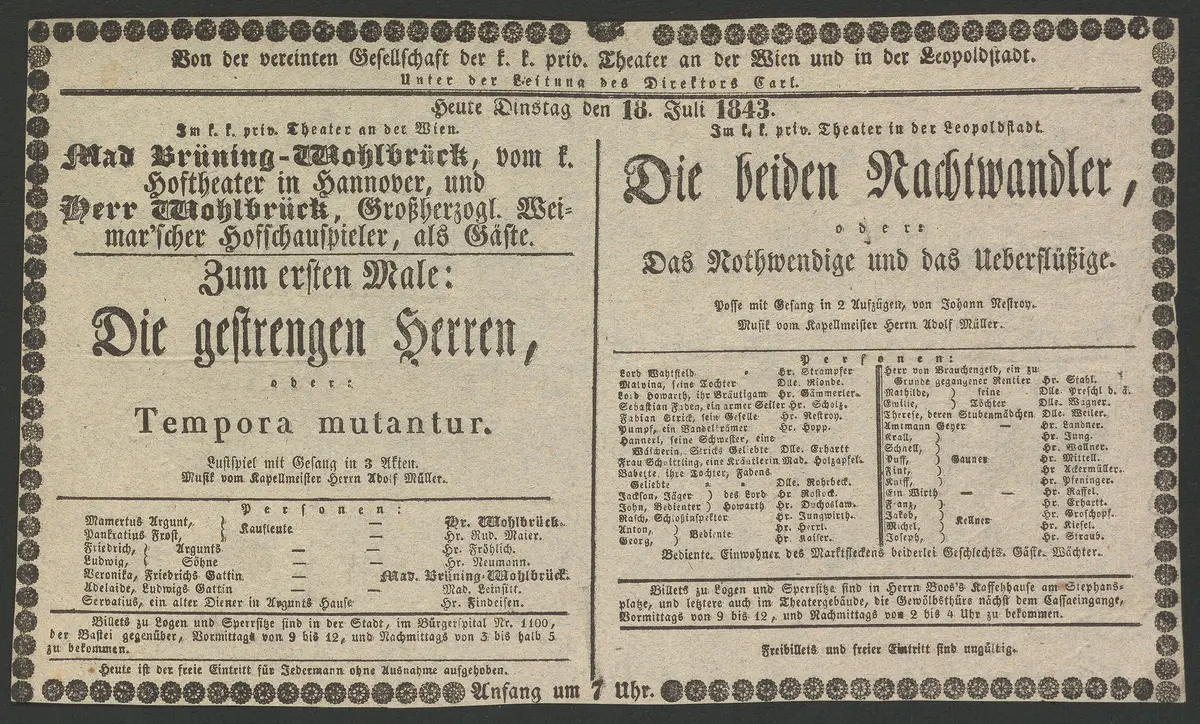 Die gestrengen Herren, oder Tempora mutantur, Die beiden Nachtwandler, oder Das Nothwendige und das Ueberflüßige, Die beiden Nachtwandler, oder Das Notwendige und das Überflüssige
