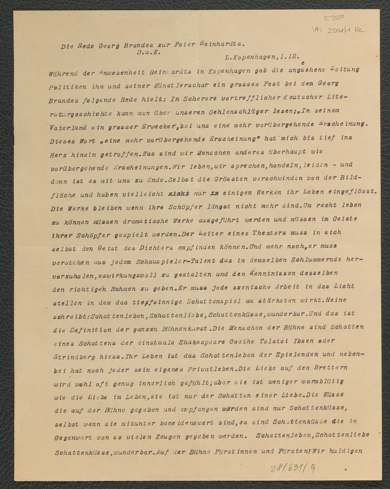 Die Rede Georg Brandes zur Feier Reinhardts