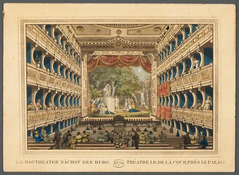 Wien, Altes Burgtheater, Titel in Vorlageform: k.k. Hofburgtheater nächst der Burg, Titel in Vorlageform: Théatre i.r. de la cour, prés le palais, Titel der Serie: Wiens vorzüglichste Gebäude und Monumente