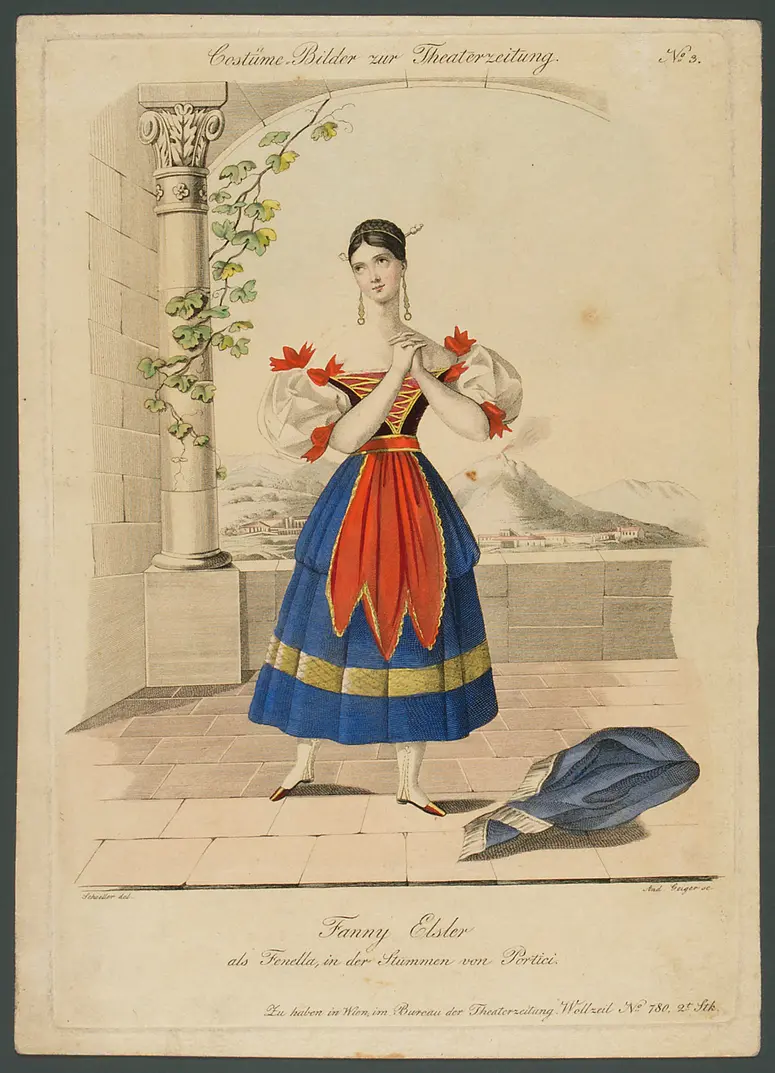 Fanny Elßler, Titel in Vorlageform: Fanny Elssler als Fenella, in der Stummen von Portici, Titel der Serie: Costume-Bild, Name der Zeitschrift: Wiener Theaterzeitung, Verweis auf Stücktitel: Die Stumme von Portici