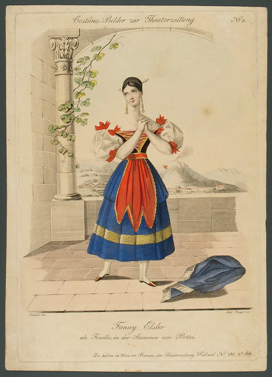 Fanny Elßler, Titel in Vorlageform: Fanny Elssler als Fenella, in der Stummen von Portici, Titel der Serie: Costume-Bild, Name der Zeitschrift: Wiener Theaterzeitung, Verweis auf Stücktitel: Die Stumme von Portici