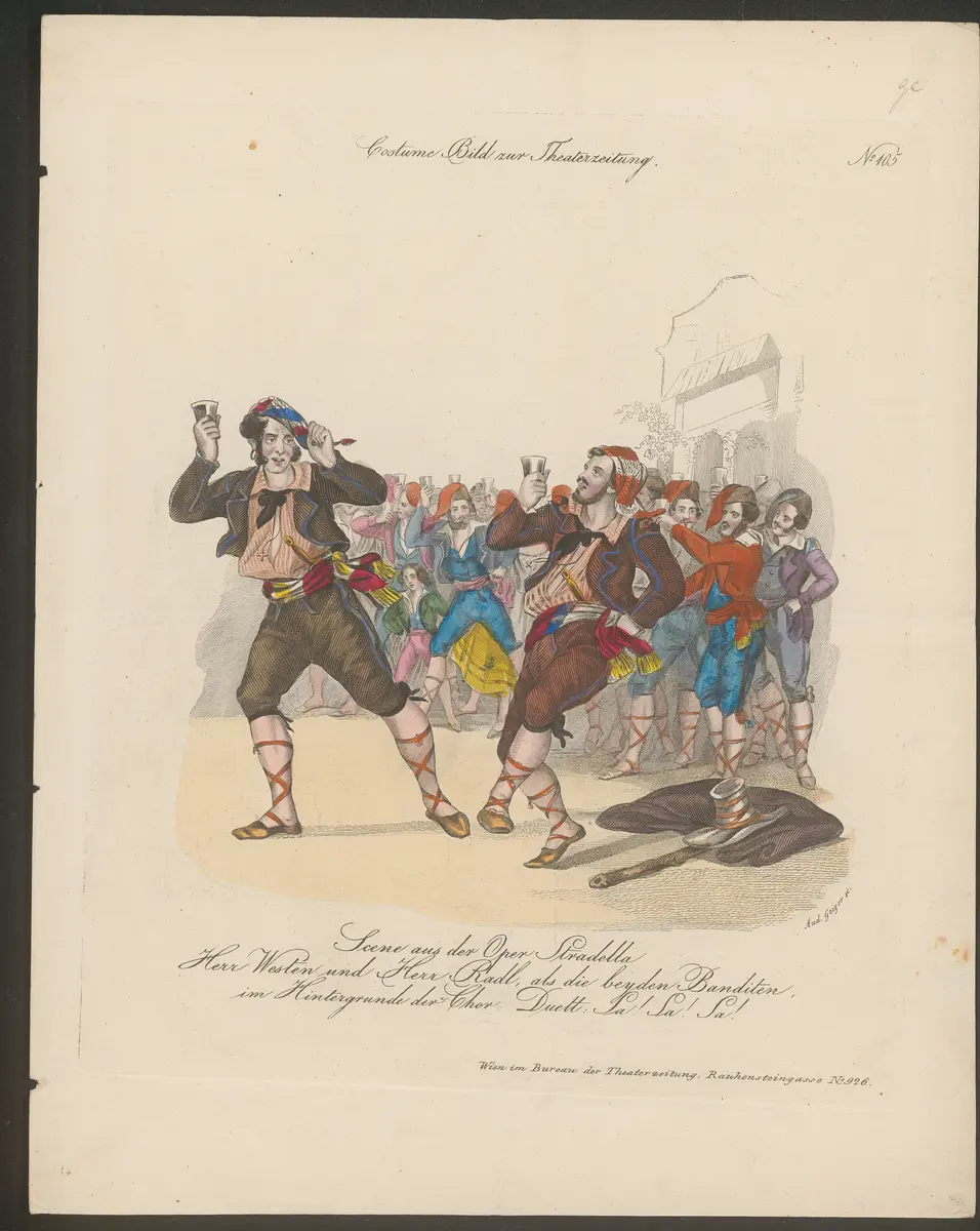 Alessandro Stradella, Titel in Vorlageform: Scene aus der Oper Stradella / Herr Westen und Herr Radl als die beyden Banditen, Titel der Serie: Costume-Bild, Name der Zeitschrift: Wiener Theaterzeitung