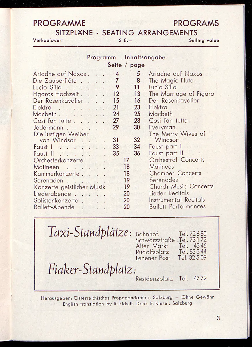 Salzburger Festspiele 1964, Titel in Vorlageform: Salzburgo Festival 1964, Verweis auf Stücktitel: Cosi fan tutte, Verweis auf Stücktitel: Figaros Hochzeit, Verweis auf Stücktitel: Lucio Silla, Verweis auf Stücktitel: Die Zauberflöte, Verweis auf Stücktitel: Ariadne auf Naxos, Verweis auf Stücktitel: Elektra, Verweis auf Stücktitel: Der Rosenkavalier, Verweis auf Stücktitel: Macbeth, Verweis auf Stücktitel: Jedermann, Verweis auf Stücktitel: Faust, Verweis auf Stücktitel: Die lustigen Weiber von Windsor
