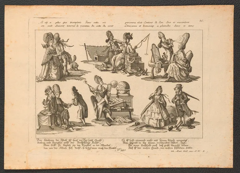 Das Studium der Welt ist heut zu Tag (mit Gunst.) / Betrug und Üpppgkeit nebst der Verstellungs Kunst [...], Weiterer Titel: Il n'y a plus que tromperie dans cette vie / on voit Souvent tourné le mantau du cotte du vent [...]