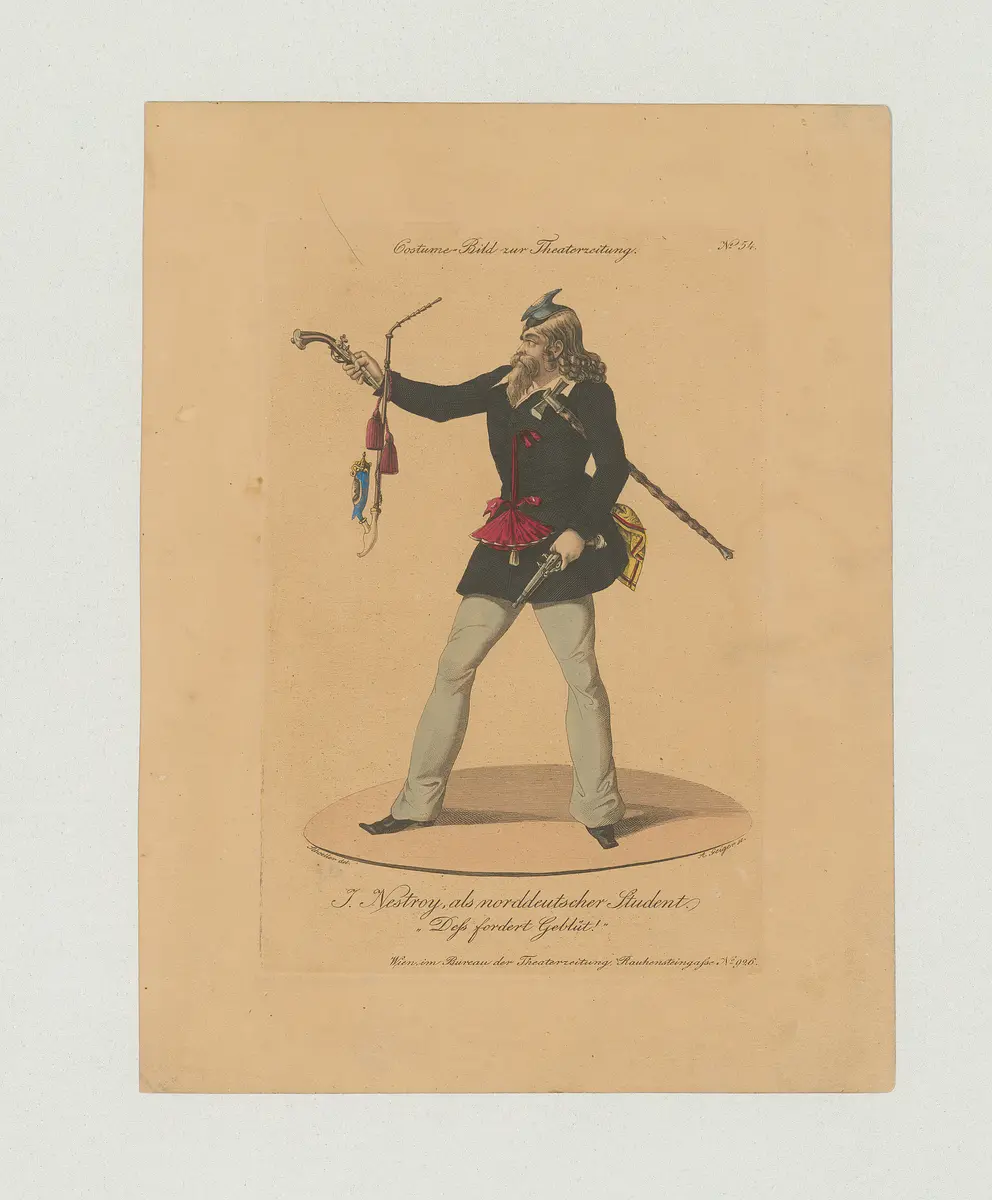 Johann Nestroy, Titel der Serie: Costume-Bild, Name der Zeitschrift: Wiener Theaterzeitung, Verweis auf Stücktitel: Das Haus der Temperamente