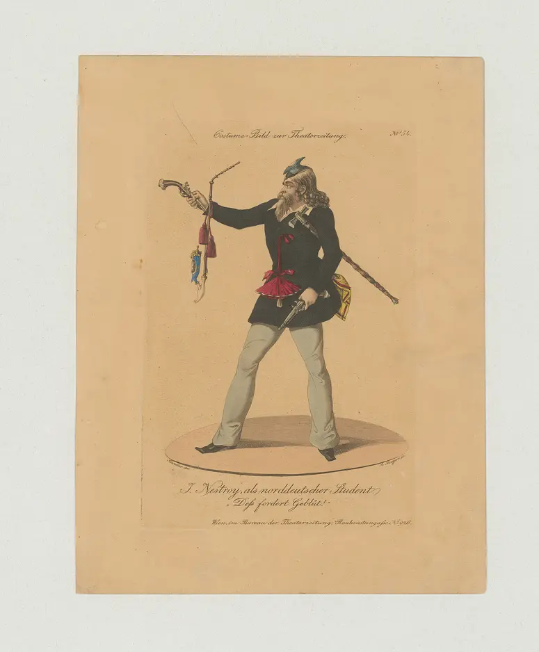 Johann Nestroy, Titel der Serie: Costume-Bild, Name der Zeitschrift: Wiener Theaterzeitung, Verweis auf Stücktitel: Das Haus der Temperamente