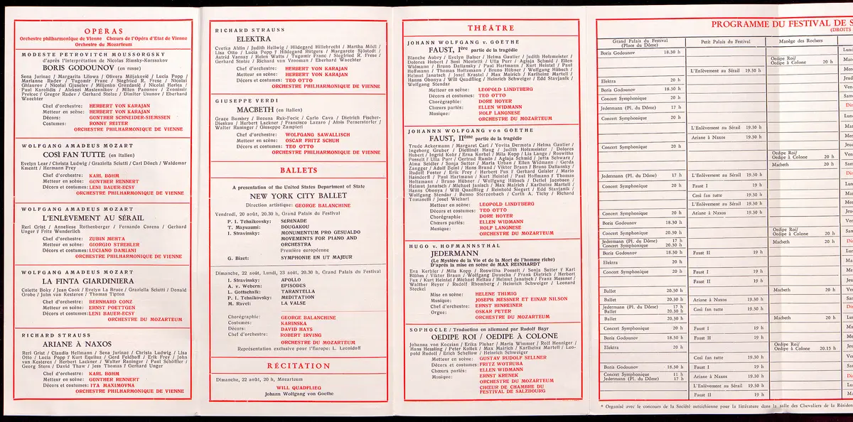 Salzburger Festspiele 1965, Titel in Vorlageform: Salzbourg Festival 1965, Verweis auf Stücktitel: Boris Godunow, Verweis auf Stücktitel: Cosi fan tutte, Verweis auf Stücktitel: Die Entführung aus dem Serail, Verweis auf Stücktitel: Die Gärtnerin aus Liebe, Verweis auf Stücktitel: Ariadne auf Naxos, Verweis auf Stücktitel: Elektra, Verweis auf Stücktitel: Macbeth, Verweis auf Stücktitel: Jedermann, Verweis auf Stücktitel: Faust, Verweis auf Stücktitel: König Ödipus / Ödipus auf Kolonos