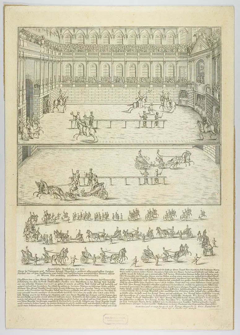 Das Damenkarusell in der Hofreitschule, Titel in Vorlageform: Gründliche Darstellung des von Ihrer zu Ungarn und Böheim königl. Majestät etc. [...] in Wienn sehr prächtig gehaltenen Frauen Carrousels