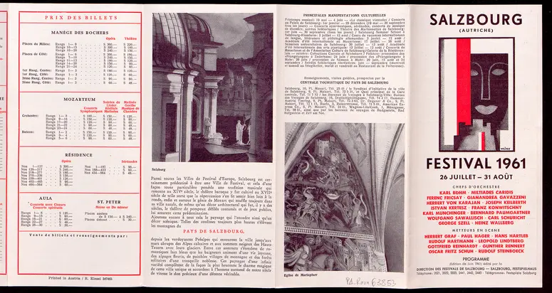 Salzburger Festspiele 1961, Titel in Vorlageform: Salzbourg Festival 1961, Verweis auf Stücktitel: Cosi fan tutte, Verweis auf Stücktitel: Die Entführung aus dem Serail, Verweis auf Stücktitel: Don Giovanni, Verweis auf Stücktitel: Idomeneo, Verweis auf Stücktitel: Der Rosenkavalier, Simon Boccanegra, Verweis auf Stücktitel: Das Bergwerk zu Falun, Verweis auf Stücktitel: Jedermann, Verweis auf Stücktitel: Faust, Verweis auf Stücktitel: Der Bauer als Millionär