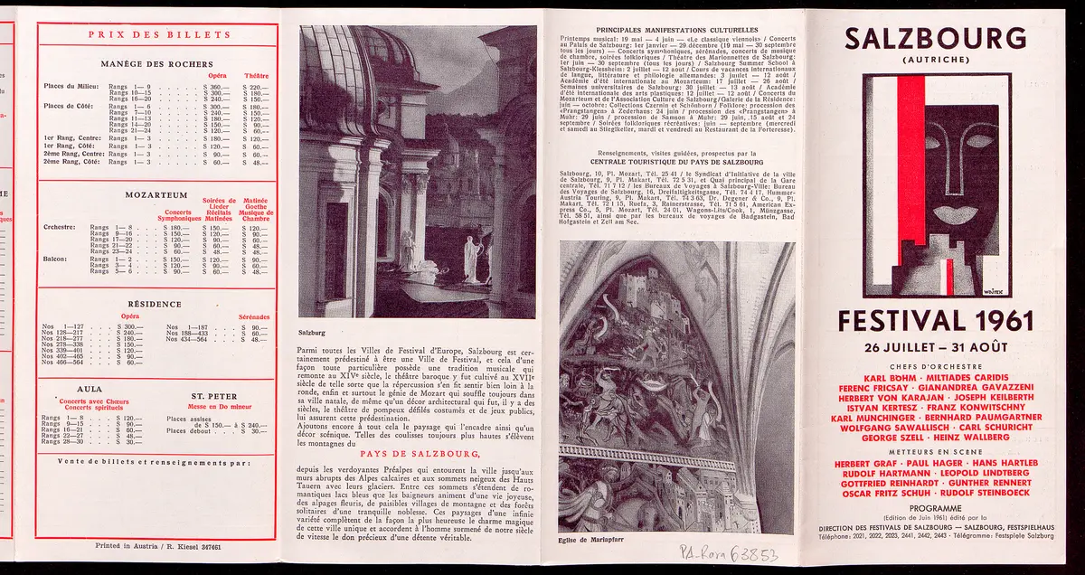 Salzburger Festspiele 1961, Titel in Vorlageform: Salzbourg Festival 1961, Verweis auf Stücktitel: Cosi fan tutte, Verweis auf Stücktitel: Die Entführung aus dem Serail, Verweis auf Stücktitel: Don Giovanni, Verweis auf Stücktitel: Idomeneo, Verweis auf Stücktitel: Der Rosenkavalier, Simon Boccanegra, Verweis auf Stücktitel: Das Bergwerk zu Falun, Verweis auf Stücktitel: Jedermann, Verweis auf Stücktitel: Faust, Verweis auf Stücktitel: Der Bauer als Millionär