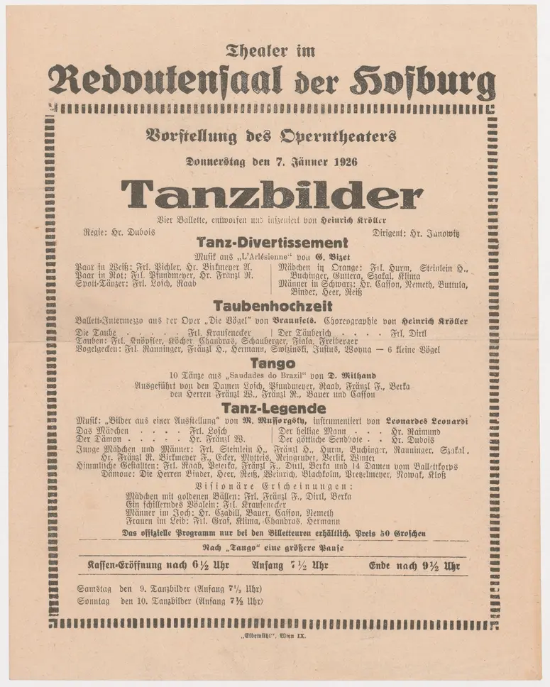 Tanzbilder, Verweis auf Stücktitel: Tanz-Divertissement, Verweis auf Stücktitel: Taubenhochzeit, Verweis auf Stücktitel: Tango, Verweis auf Stücktitel: Tanz-Legende