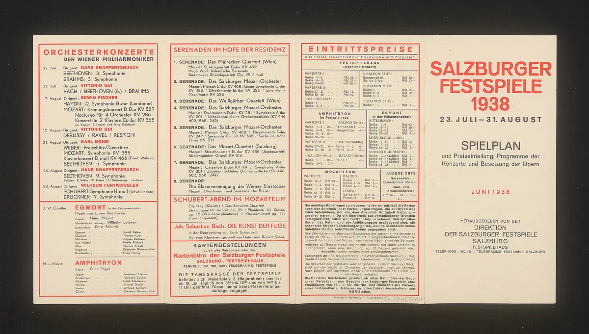 Salzburger Festspiele 1938, Titel in Vorlageform: Richtiggestellter Spielplan und Preiseinteilung, Verweis auf Stücktitel: Don Giovanni, Verweis auf Stücktitel: Falstaff, Verweis auf Stücktitel: Fidelio, Verweis auf Stücktitel: Die Meistersinger von Nürnberg, Verweis auf Stücktitel: Le nozze di figaro, Verweis auf Stücktitel: Der Rosenkavalier, Verweis auf Stücktitel: Tannhäuser, Verweis auf Stücktitel: Amphitrion, Verweis auf Stücktitel: Egmont