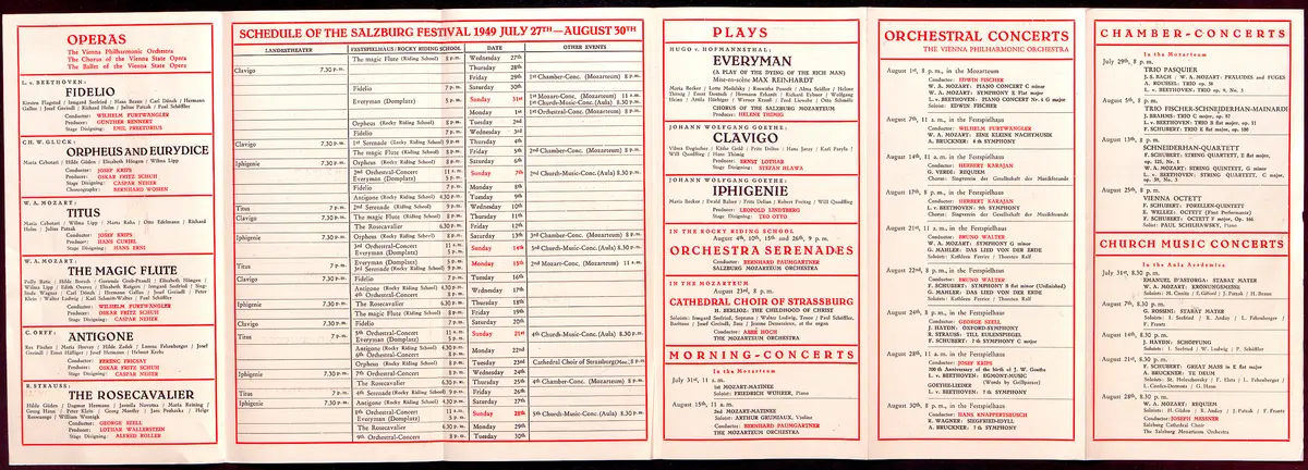 Salzburger Festspiele 1949, Titel in Vorlageform: Salzburg Festivals 1949, Verweis auf Stücktitel: Fidelio, Verweis auf Stücktitel: Orpheus und Eurydike, Verweis auf Stücktitel: Titus, Verweis auf Stücktitel: Zauberflöte, Verweis auf Stücktitel: Antigone, Verweis auf Stücktitel: Rosenkavalier, Verweis auf Stücktitel: Jedermann, Verweis auf Stücktitel: Clavigo, Verweis auf Stücktitel: Iphigenie