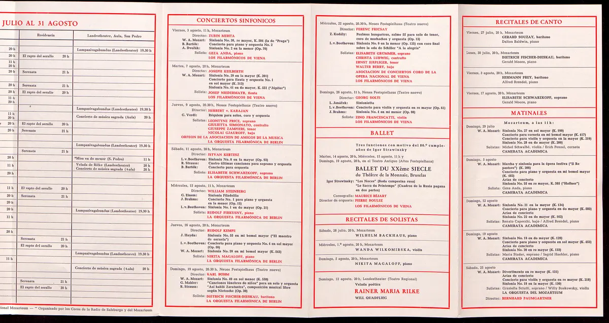 Salzburger Festspiele 1962, Titel in Vorlageform: Salzburgo Festival 1962, Verweis auf Stücktitel: Iphigenie in Aulis, Verweis auf Stücktitel: Cosi fan tutte, Verweis auf Stücktitel: Die Entführung aus dem Serail, Verweis auf Stücktitel: Figaros Hochzeit, Verweis auf Stücktitel: Idomeneo, Verweis auf Stücktitel: Der Troubadour, Verweis auf Stücktitel: Jedermann, Verweis auf Stücktitel: Faust, Verweis auf Stücktitel: Lumpazivagabundus, Verweis auf Stücktitel: Der Bauer als Millionär