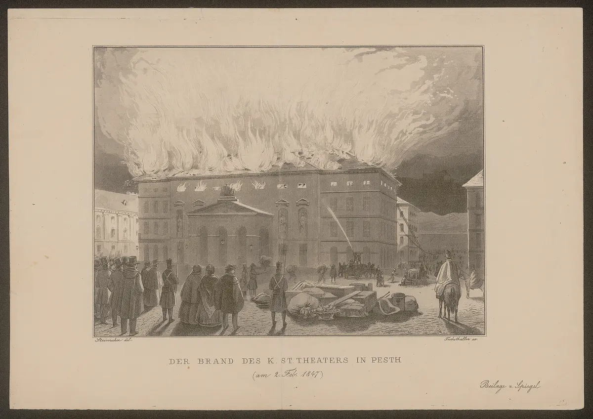 Budapest, Königlich Städtisches Theater, Alternativtitel: Pest, Königlich Stästisches Theater, Titel in Vorlageform: Der Brand des K. St. Theaters in Pesth