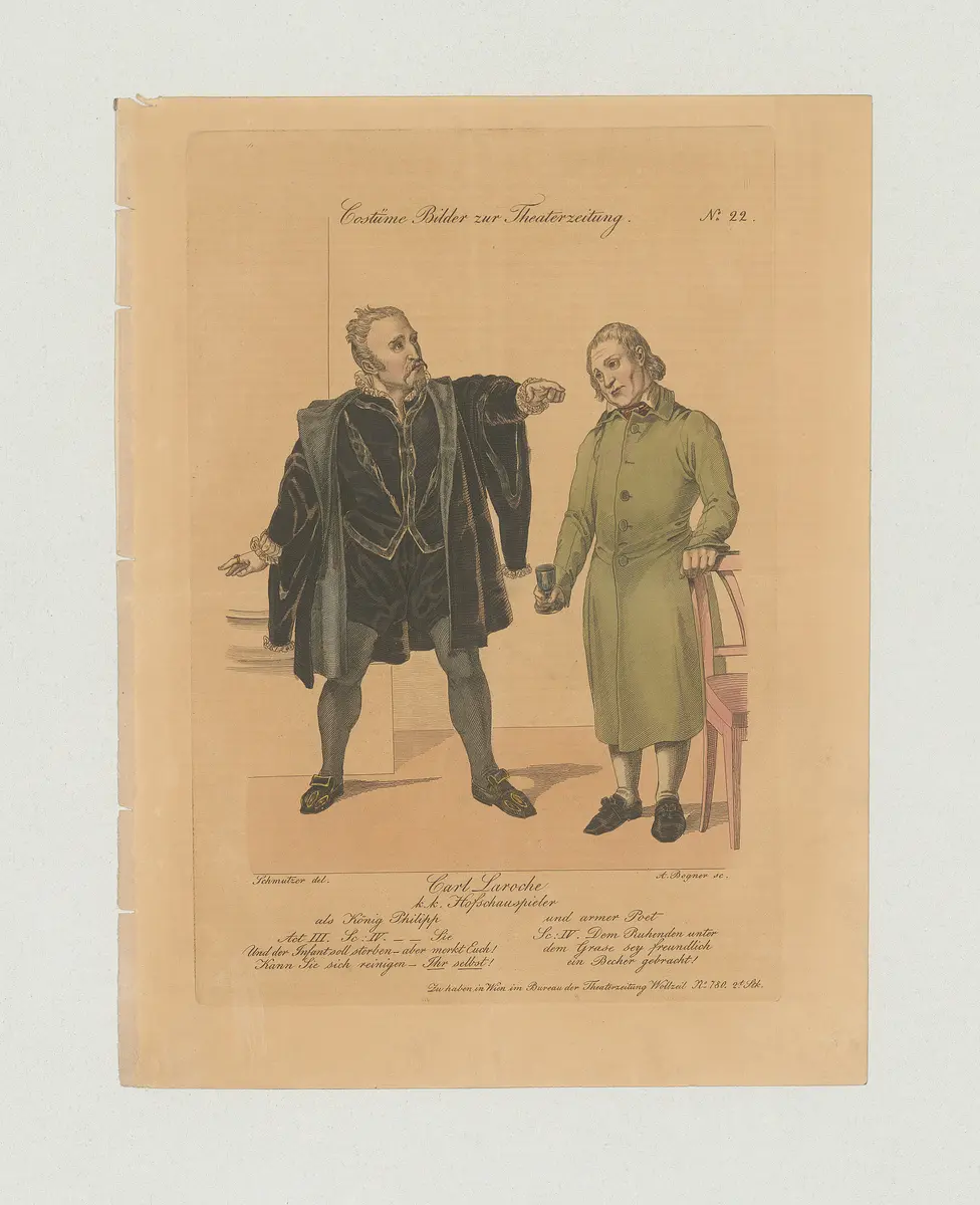 Karl von La Roche, Titel der Serie: Costume-Bild, Name der Zeitschrift: Wiener Theaterzeitung, Verweis auf Stücktitel: Don Carlos, Verweis auf Stücktitel: Der arme Poet