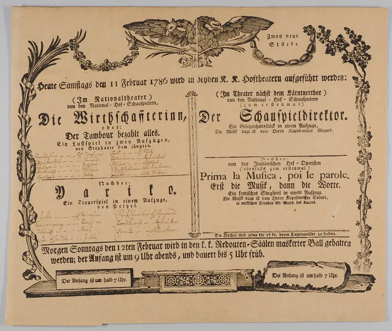 Der Schauspieldirektor, Prima la Musica, poi le parole, Erst die Musik, dann die Wort, Die Wirthschaffterinn oder Der Tambour bezahlt alles, Die Wirtschafterin oder Der Tambour bezahlt alles, Yariko