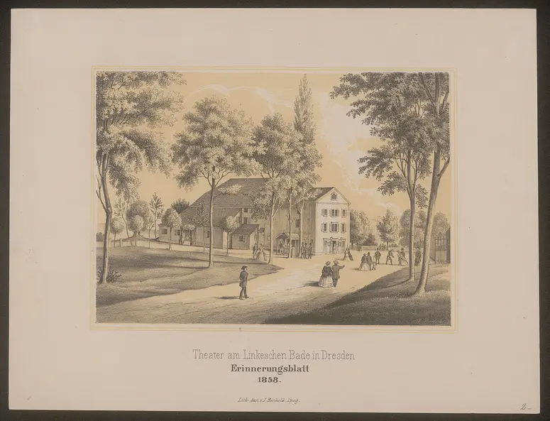 Dresden, Theater am Linke'schen Bad, Alternativtitel: Dresden, Sommertheater, Titel in Vorlageform: Theater am Linkeschen Bade in dresden / Erinnerungsblatt / 1858
