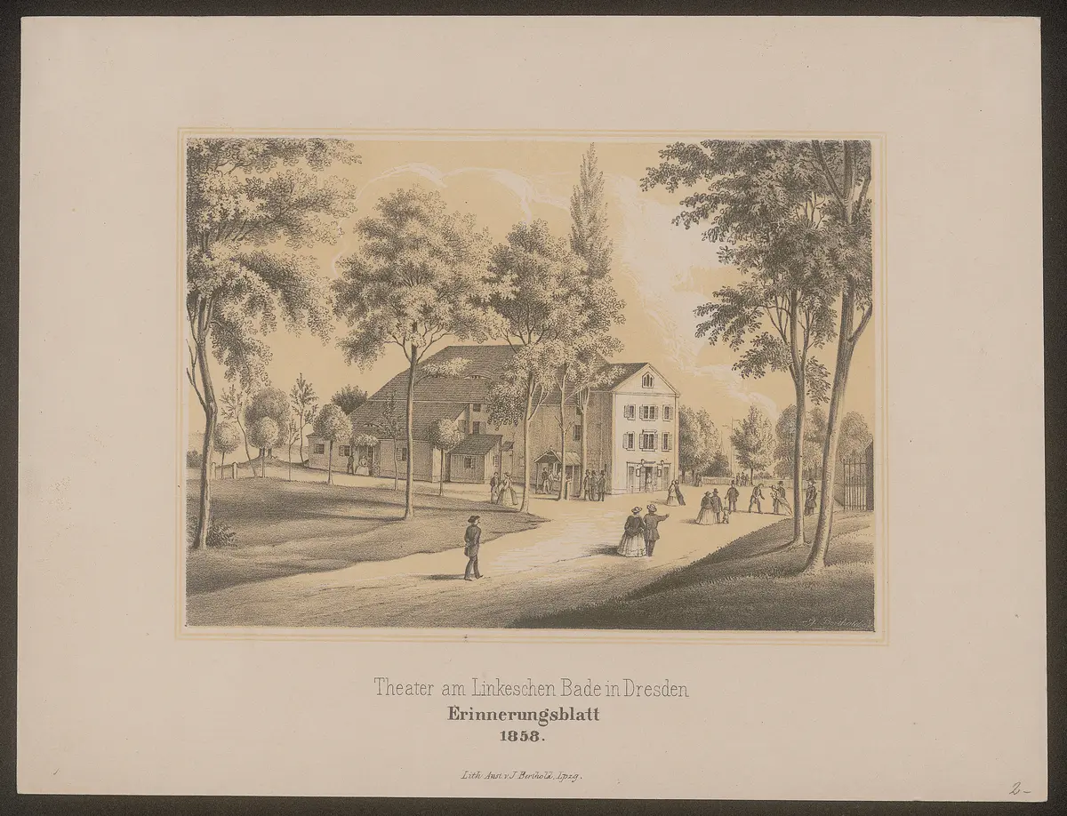 Dresden, Theater am Linke'schen Bad, Alternativtitel: Dresden, Sommertheater, Titel in Vorlageform: Theater am Linkeschen Bade in dresden / Erinnerungsblatt / 1858