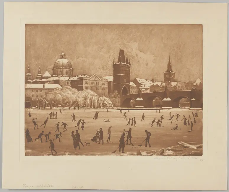 Prag-Altstadt, Alternativtitel: Prager Altstadt im Winter, Alternativtitel: Schleifplatz auf der Moldau