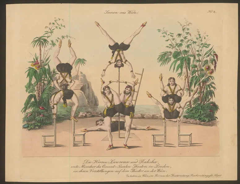 Die Herren Lawrence und Redisha, erste Mimiker des Covent-Garden Theaters in London, in ihren Vorrstellungen auf dem Theater an der Wien., Titel der Serie: Wiener Scene, Name der Zeitschrift: Wiener Theaterzeitung, Verweis auf Stücktitel: Moppels Abentheuer im Viertel unter Wiener Wald in Neu-Seeland und Marokko