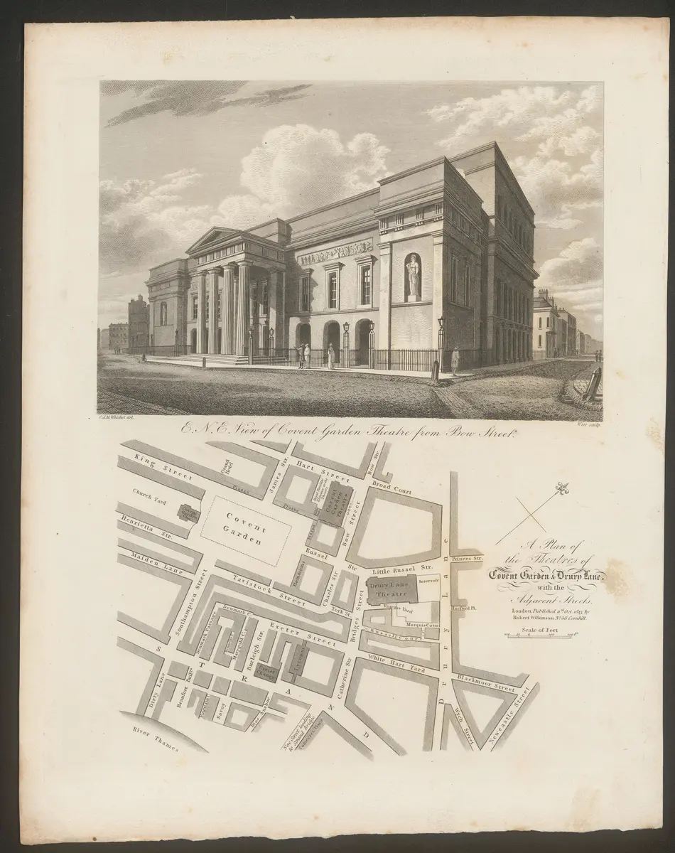 London, Covent Garden, Alternativtitel: London, Theatre Royal, Covent Garden, Titel in Vorlageform: E.N.E. View of Covent Garden Theatre from Bow Street., Titel der Serie: Londina Illustrata