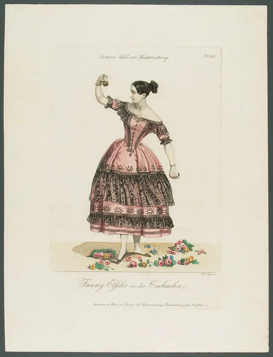 Fanny Elßler, Titel in Vorlageform: Fanny Elssler in der Cachucha, Titel der Serie: Costume-Bild, Name der Zeitschrift: Wiener Theaterzeitung, Verweis auf Stücktitel: Der hinkende Teufel (Le diable boiteux)