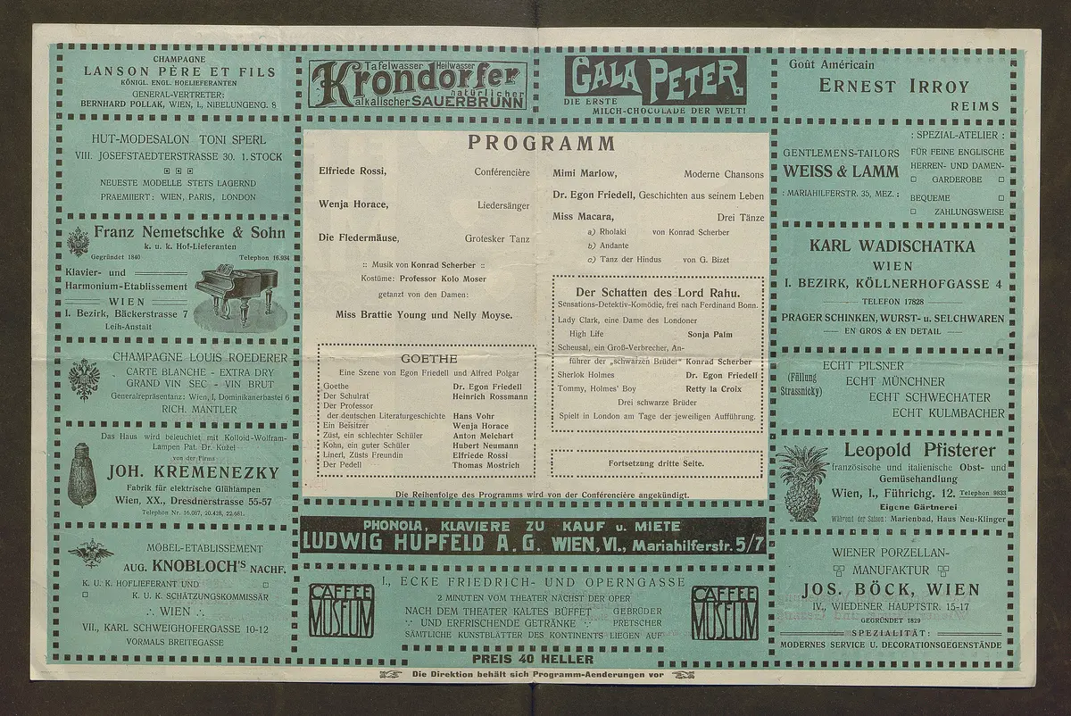 Kabarett Fledermaus, Titel in Vorlageform: Fledermaus Theater und Kabarett, Verweis auf Stücktitel: Die Fledermäuse, Verweis auf Stücktitel: Goethe, Verweis auf Stücktitel: Der Schatten des Lord Rahu, Verweis auf Stücktitel: Die zehn Gerechten