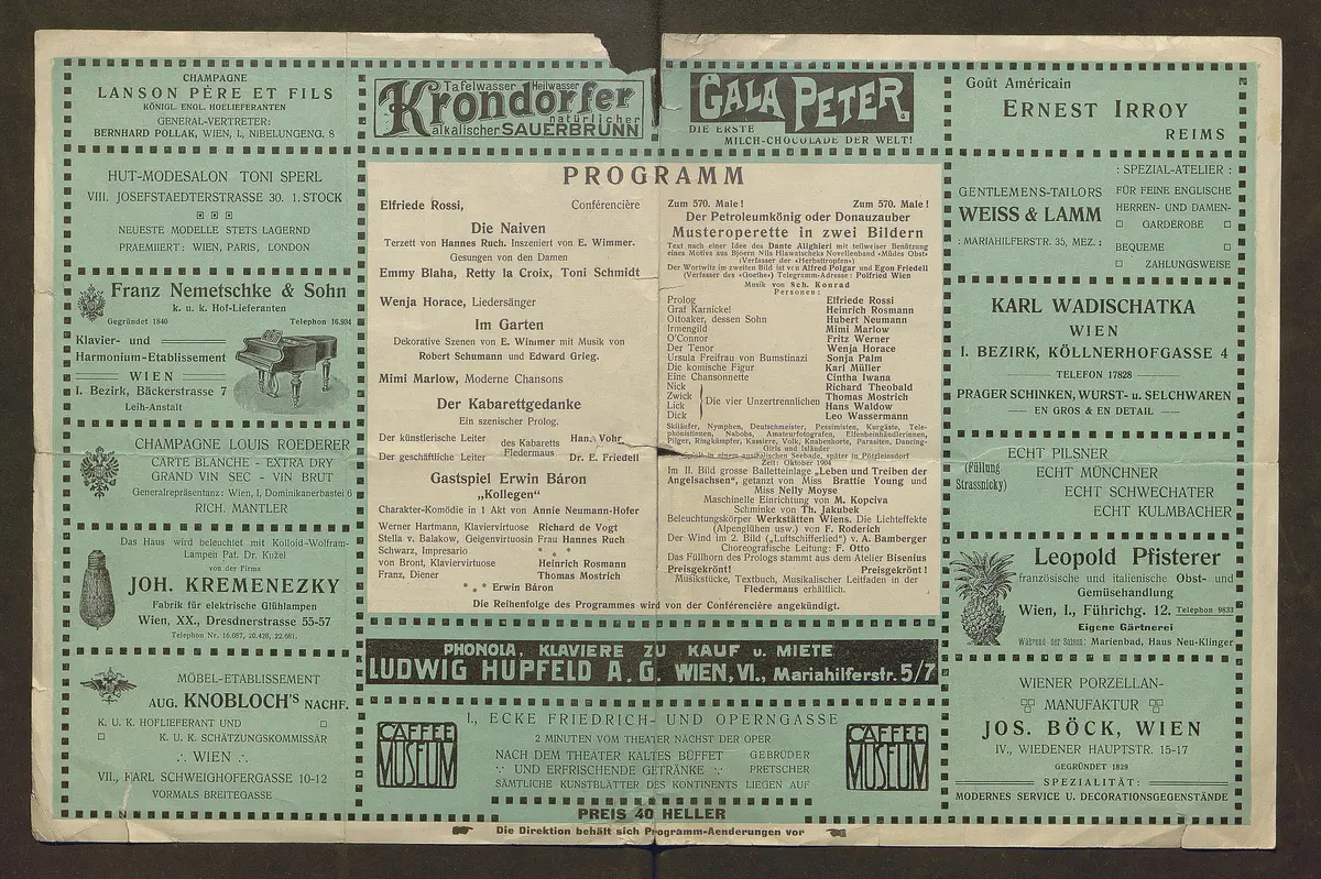Kabarett Fledermaus, Titel in Vorlageform: Fledermaus Theater und Kabarett, Verweis auf Stücktitel: Die Naiven, Verweis auf Stücktitel: Im Garten, Verweis auf Stücktitel: Der Kabarettgedanke, Verweis auf Stücktitel: Der Petroleumkönig