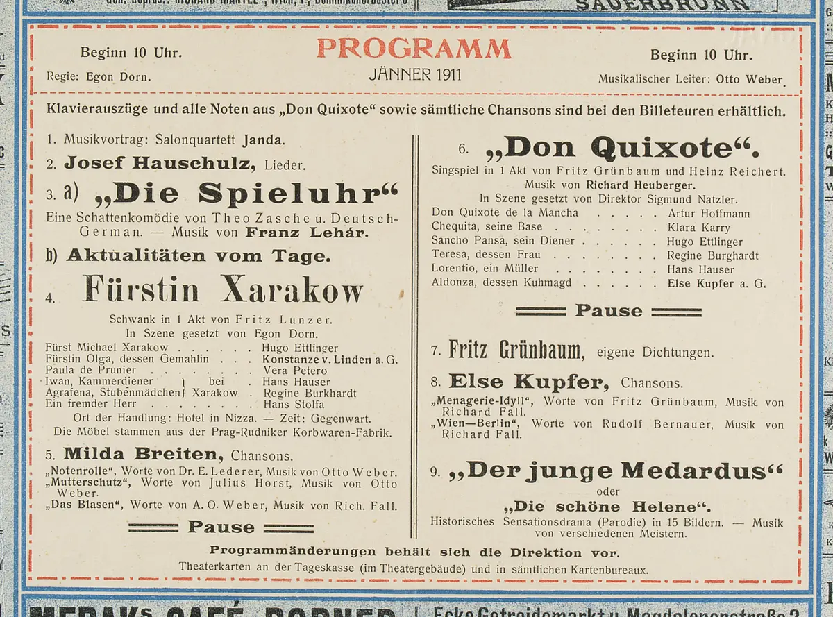 Theater und Kabarett Hölle, Die Spieluhr, Fürstin Xarakow, Don Quixote, Der junge Medardus oder Die schöne Helena
