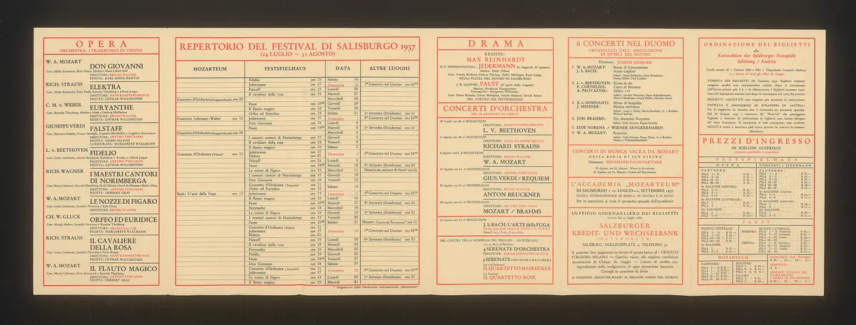 Salzburger Festspiele 1937, Titel in Vorlageform: Salzburg Festival 1937, Verweis auf Stücktitel: Don Giovanni, Verweis auf Stücktitel: Elektra, Verweis auf Stücktitel: Euryanthe, Verweis auf Stücktitel: Falstaff, Verweis auf Stücktitel: Fidelio, Verweis auf Stücktitel: Die Meistersinger von Nürnberg, Verweis auf Stücktitel: Le nozze di figaro, Verweis auf Stücktitel: Orpheus und Eurydike, Verweis auf Stücktitel: Der Rosenkavalier, Verweis auf Stücktitel: Die Zauberflöte, Verweis auf Stücktitel: Jedermann, Verweis auf Stücktitel: Faust