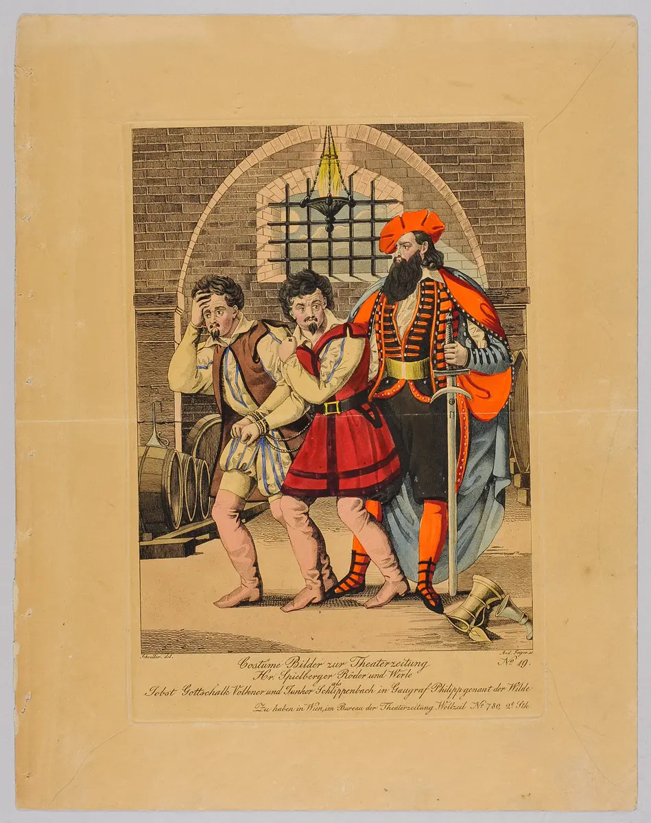 Gaugraf Philipp genannt Der Wilde, Titel in Vorlageform: Hr. Spielberger Röder und Werle als Jobst Gottschalk Volkner und Junger Schlippenbach in Gaugraf Philipp genannt der Wilde, Titel der Serie: Costume-Bild, Name der Zeitschrift: Wiener Theaterzeitung