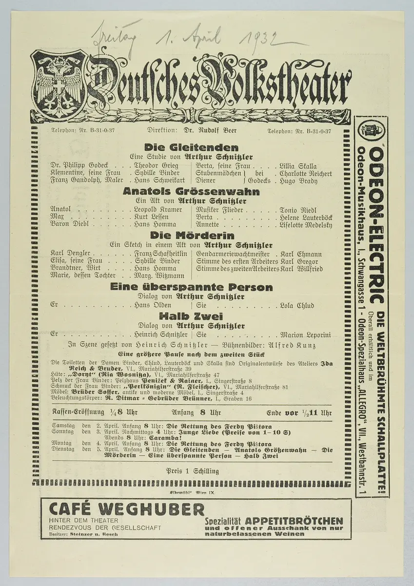 Einakterabend, Die Gleitenden, Anatols Größenwahn, Die Mörderin, Eine überspannte Person, Halb Zwei