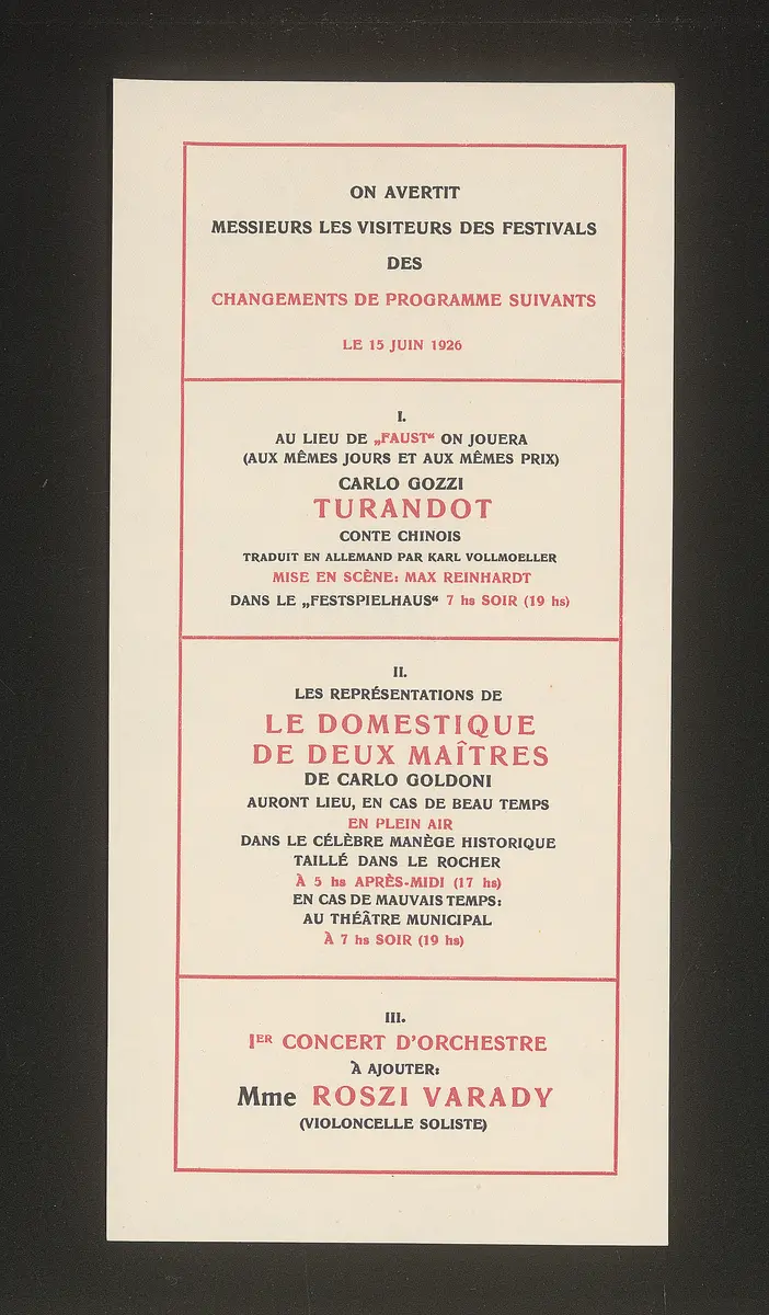 Salzburger Festspiele 1926, Titel in Vorlageform: Salzburg Festival 1926, Verweis auf Stücktitel: Ariadne aus Naxos, Verweis auf Stücktitel: Don Juan, Verweis auf Stücktitel: Die Entführung aus dem Serail, Verweis auf Stücktitel: Die Fledermaus, Verweis auf Stücktitel: La serva padrona, Verweis auf Stücktitel: Turandot, Verweis auf Stücktitel: Jedermann, Verweis auf Stücktitel: Der Diener zweier Herren