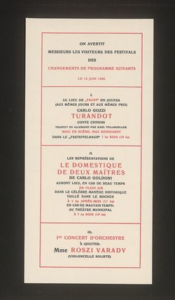 Salzburger Festspiele 1926, Titel in Vorlageform: Salzburg Festival 1926, Verweis auf Stücktitel: Ariadne aus Naxos, Verweis auf Stücktitel: Don Juan, Verweis auf Stücktitel: Die Entführung aus dem Serail, Verweis auf Stücktitel: Die Fledermaus, Verweis auf Stücktitel: La serva padrona, Verweis auf Stücktitel: Turandot, Verweis auf Stücktitel: Jedermann, Verweis auf Stücktitel: Der Diener zweier Herren