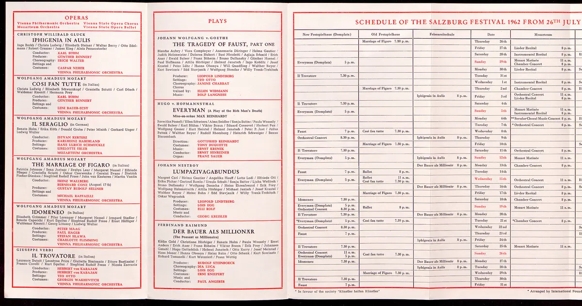 Salzburger Festspiele 1962, Titel in Vorlageform: Salzburg Festival 1962, Verweis auf Stücktitel: Iphigenie in Aulis, Verweis auf Stücktitel: Cosi fan tutte, Verweis auf Stücktitel: Die Entführung aus dem Serail, Verweis auf Stücktitel: Figaros Hochzeit, Verweis auf Stücktitel: Idomeneo, Verweis auf Stücktitel: Der Troubadour, Verweis auf Stücktitel: Jedermann, Verweis auf Stücktitel: Faust, Verweis auf Stücktitel: Lumpazivagabundus, Verweis auf Stücktitel: Der Bauer als Millionär