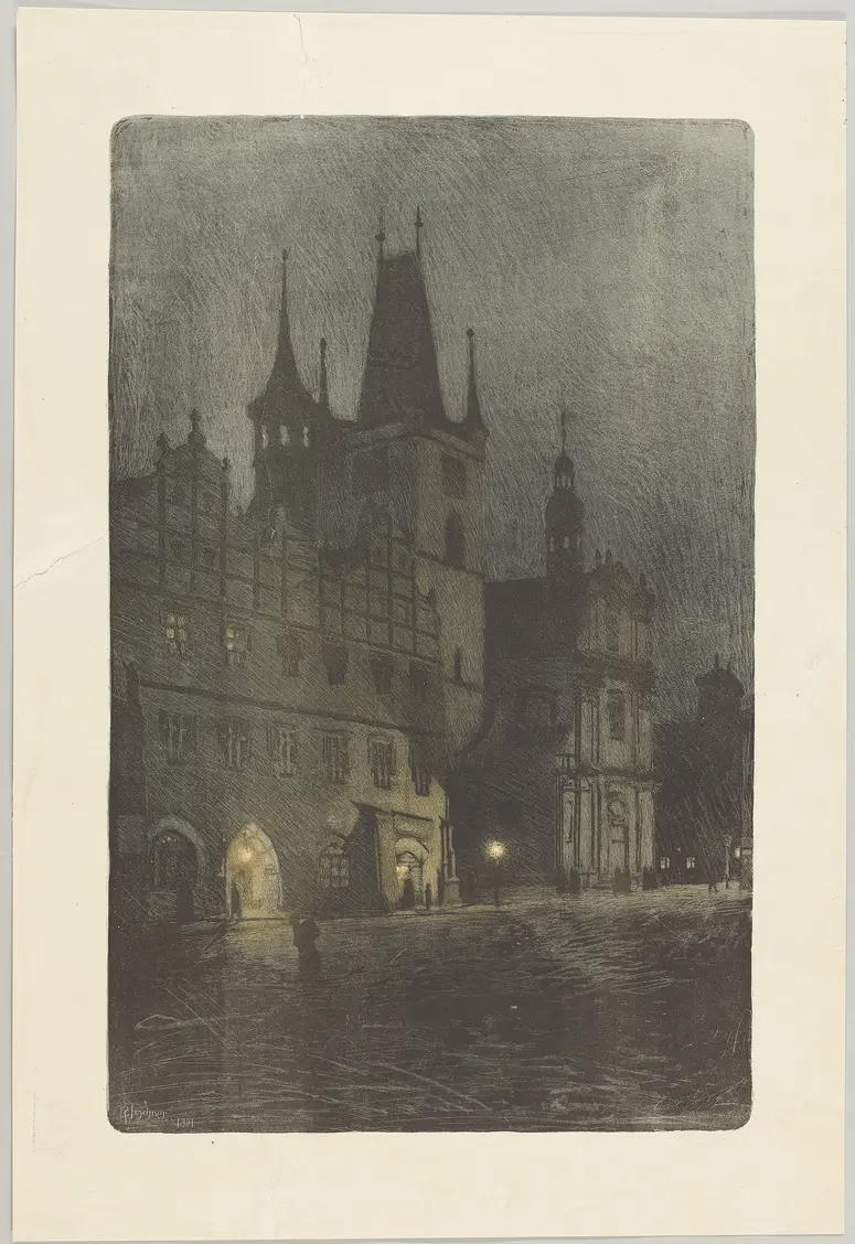 Hauptplatz mit Rathaus und Allerseelen-Kirche in Leitmeritz, Weiterer Titel: Stadtansicht