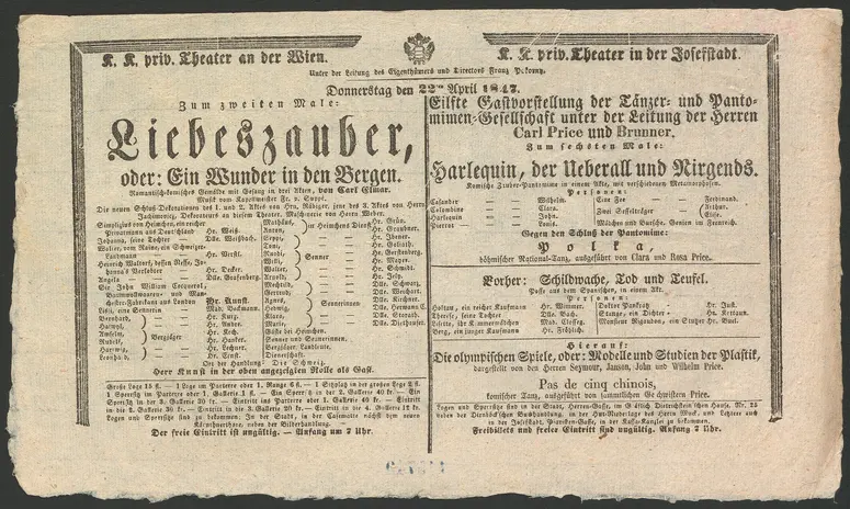 Liebeszauber, oder Ein Wunder in den Bergen, Harlequin, der Ueberall und Nirgends, Harlekin, der Überall und Nirgends, Schildwache, Tod und Teufel, Die olympischen Spiele, oder Modelle und Studien der Plastik