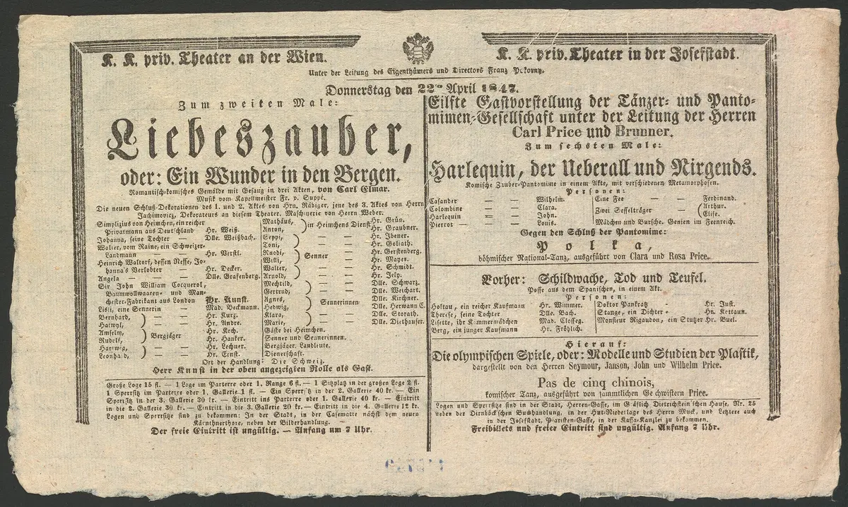Liebeszauber, oder Ein Wunder in den Bergen, Harlequin, der Ueberall und Nirgends, Harlekin, der Überall und Nirgends, Schildwache, Tod und Teufel, Die olympischen Spiele, oder Modelle und Studien der Plastik
