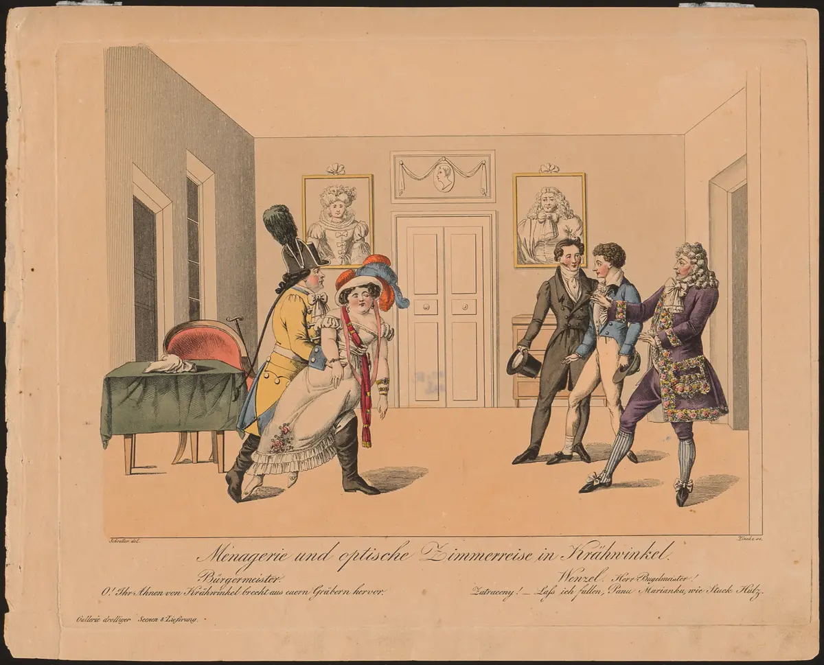 Menagerie und optische Zimmerreise in Krähwinkel, Titel der Serie: Gallerie drolliger Scenen, Name der Zeitschrift: Wiener Theaterzeitung