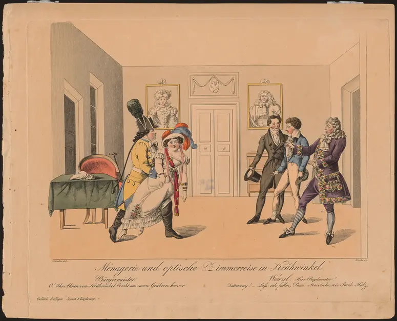 Menagerie und optische Zimmerreise in Krähwinkel, Titel der Serie: Gallerie drolliger Scenen, Name der Zeitschrift: Wiener Theaterzeitung