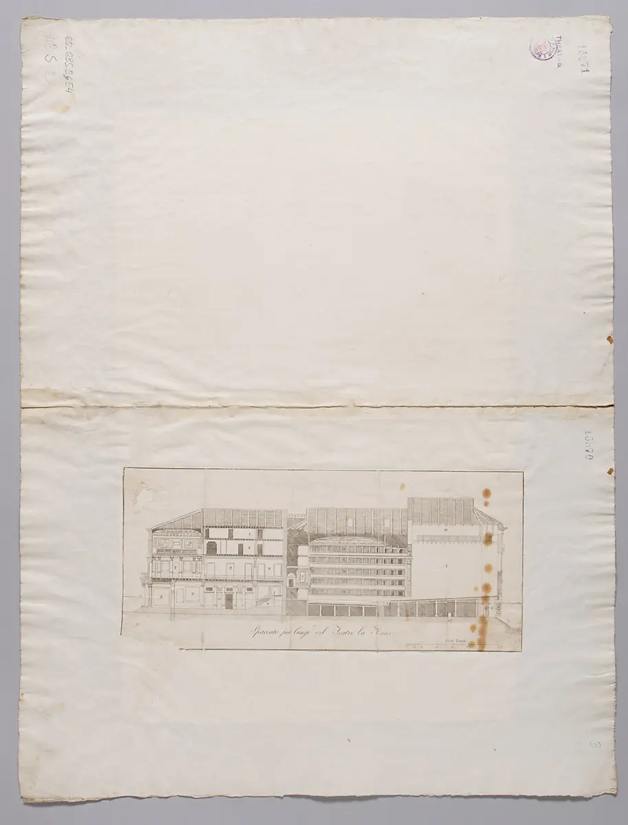 Venedig, Teatro La Fenice, Titel in Vorlageform: Parti ornamnentali del Prospetto del Teatro la Fenice, Titel in Vorlageform: Spaccato per lungo del Teatro la Fenice
