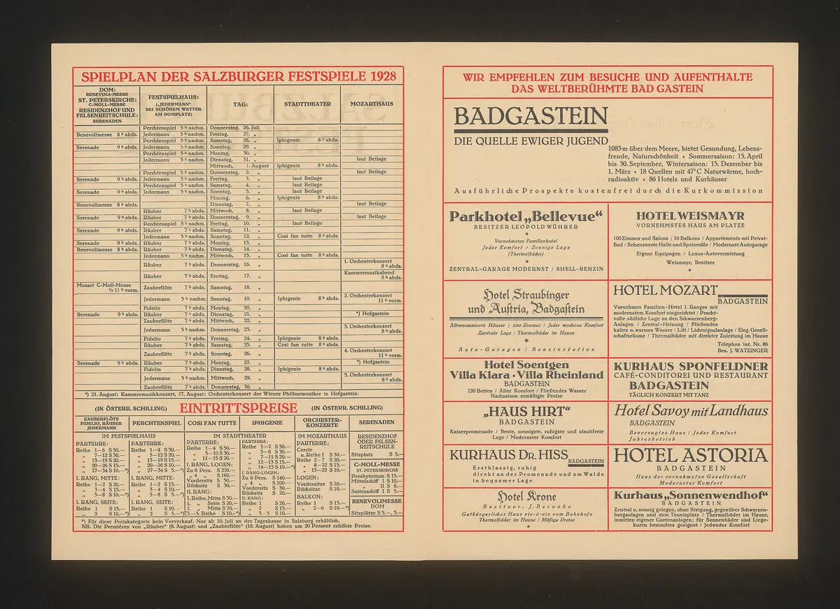 Salzburger Festspiele 1928, Verweis auf Stücktitel: Fidelio, Verweis auf Stücktitel: Die Zauberflöte, Verweis auf Stücktitel: Cosi fan tutte, Verweis auf Stücktitel: Die Räuber, Verweis auf Stücktitel: Iphigenie auf Tauris, Verweis auf Stücktitel: Jedermann, Verweis auf Stücktitel: Das Perchtenspiel