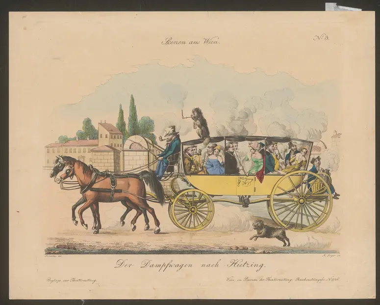 Der Dampfwagen nach Hietzing., Titel der Serie: Wiener Scene, Name der Zeitschrift: Wiener Theaterzeitung
