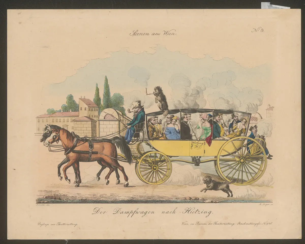 Der Dampfwagen nach Hietzing., Titel der Serie: Wiener Scene, Name der Zeitschrift: Wiener Theaterzeitung