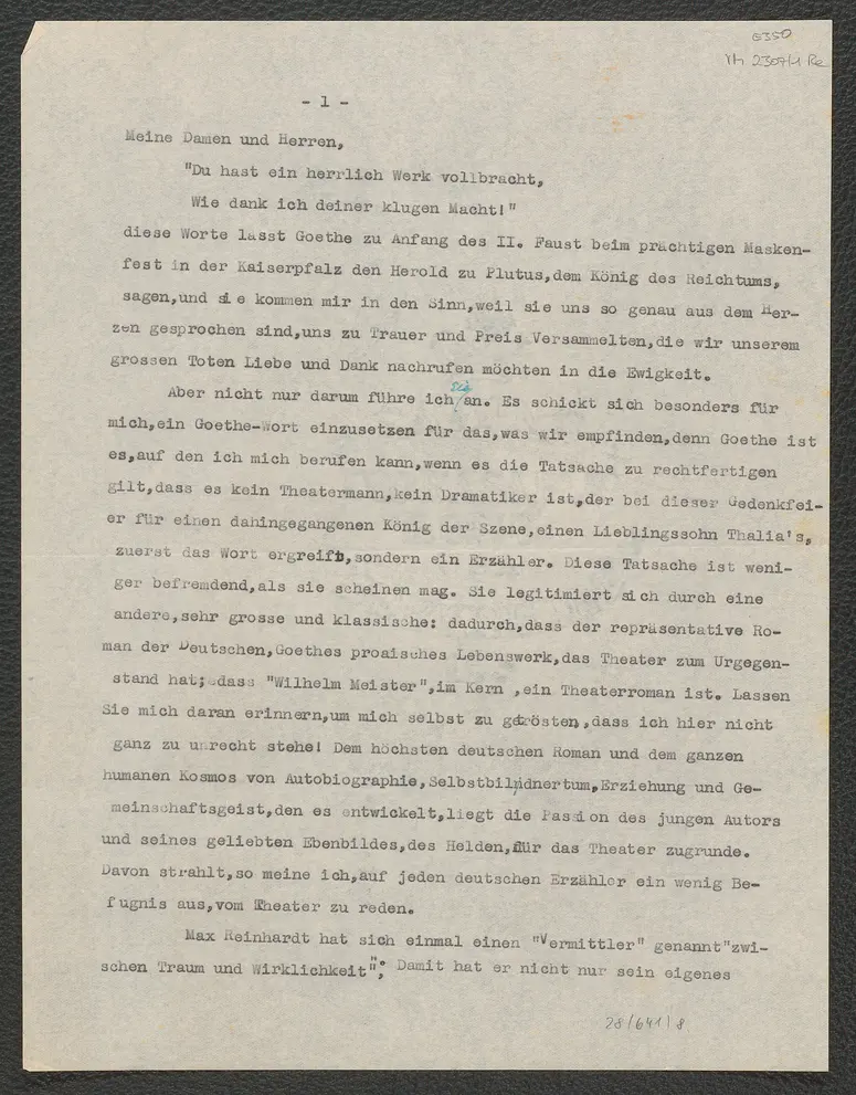 Gedenkrede auf Max Reinhardt