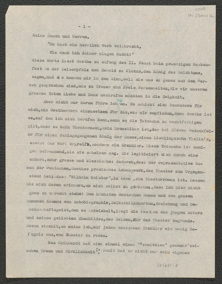 Gedenkrede auf Max Reinhardt