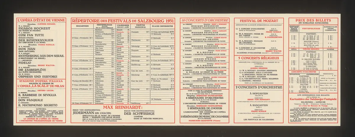 Salzburger Festspiele 1931, Titel in Vorlageform: Festivals de Salzbourg, Verweis auf Stücktitel: Figaros Hochzeit, Verweis auf Stücktitel: Cosi fan tutte, Verweis auf Stücktitel: Der Rosenkavalier, Verweis auf Stücktitel: Don Juan, Verweis auf Stücktitel: Entführung aus dem Serail, Verweis auf Stücktitel: Fidelio, Verweis auf Stücktitel: Zauberflöte, Verweis auf Stücktitel: Orpheus und Eurydike, Verweis auf Stücktitel: Jedermann, Verweis auf Stücktitel: Der Schwierige