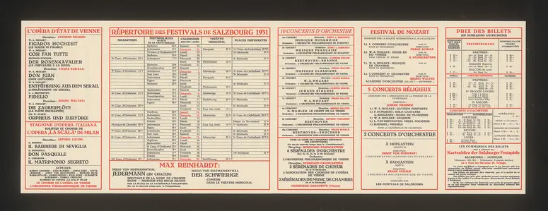 Salzburger Festspiele 1931, Titel in Vorlageform: Festivals de Salzbourg, Verweis auf Stücktitel: Figaros Hochzeit, Verweis auf Stücktitel: Cosi fan tutte, Verweis auf Stücktitel: Der Rosenkavalier, Verweis auf Stücktitel: Don Juan, Verweis auf Stücktitel: Entführung aus dem Serail, Verweis auf Stücktitel: Fidelio, Verweis auf Stücktitel: Zauberflöte, Verweis auf Stücktitel: Orpheus und Eurydike, Verweis auf Stücktitel: Jedermann, Verweis auf Stücktitel: Der Schwierige