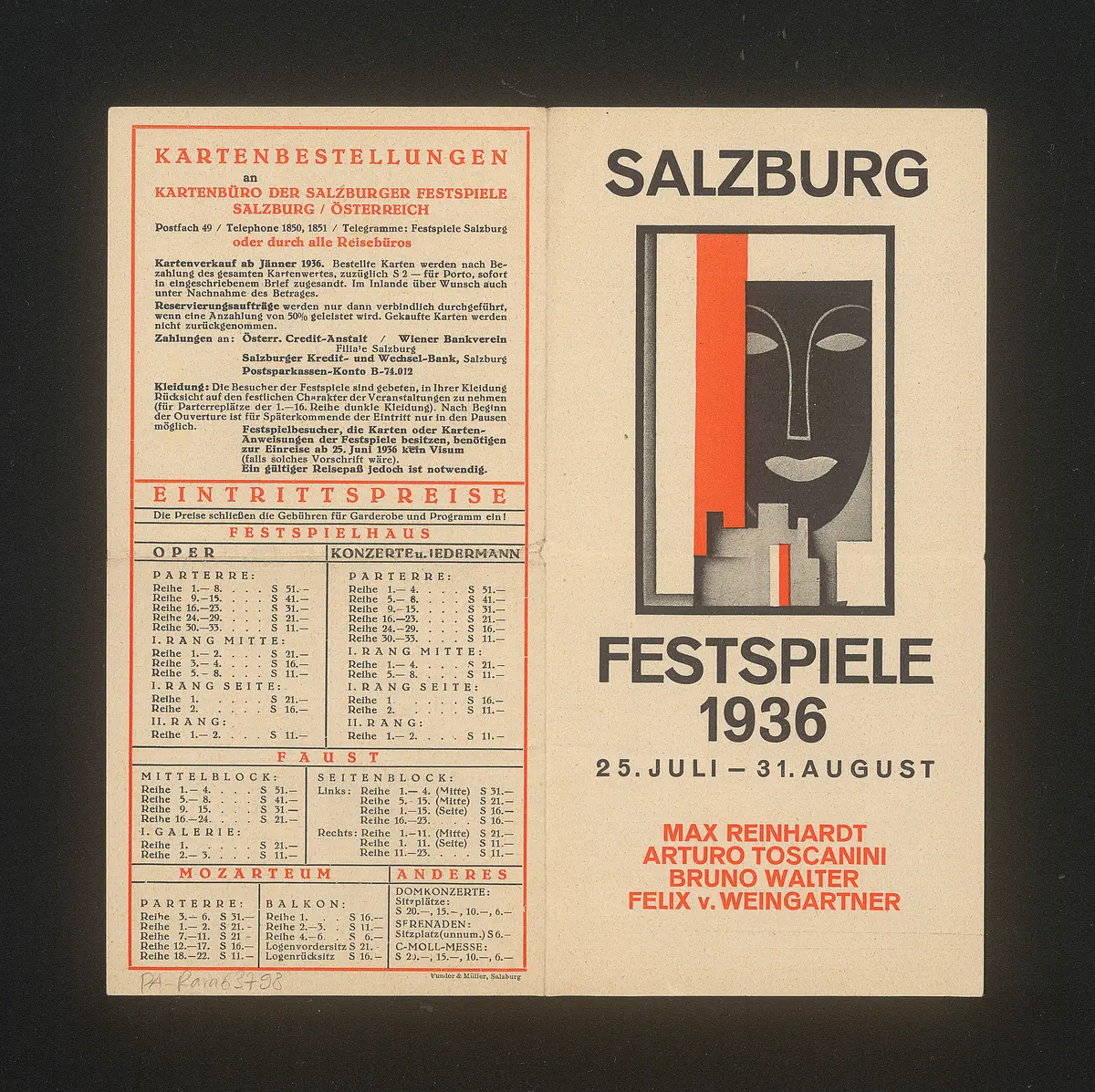 Salzburger Festspiele 1936, Titel in Vorlageform: Salzburg Festival 1936, Verweis auf Stücktitel: Cosi fan tutte, Verweis auf Stücktitel: Der Corregidor, Verweis auf Stücktitel: Don Giovanni, Verweis auf Stücktitel: Falstaff, Verweis auf Stücktitel: Fidelio, Verweis auf Stücktitel: Figaros Hochzeit, Verweis auf Stücktitel: Die Meistersinger von Nürnberg, Verweis auf Stücktitel: Orpheus und Eurydike, Verweis auf Stücktitel: Tristan und Isolde, Verweis auf Stücktitel: Jedermann, Verweis auf Stücktitel: Faust
